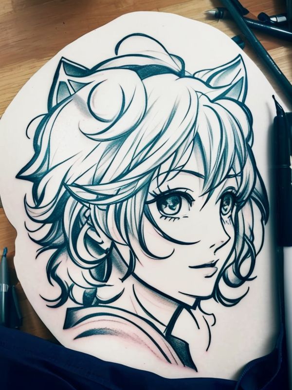 Эскиз тату аниме - Sketch tattoo anime redraw tattoo sketches on a white sheet into a soft pastel Anime tattoo sketch, with light colors, smooth transitions, gentle sh tatufoto.com 526
