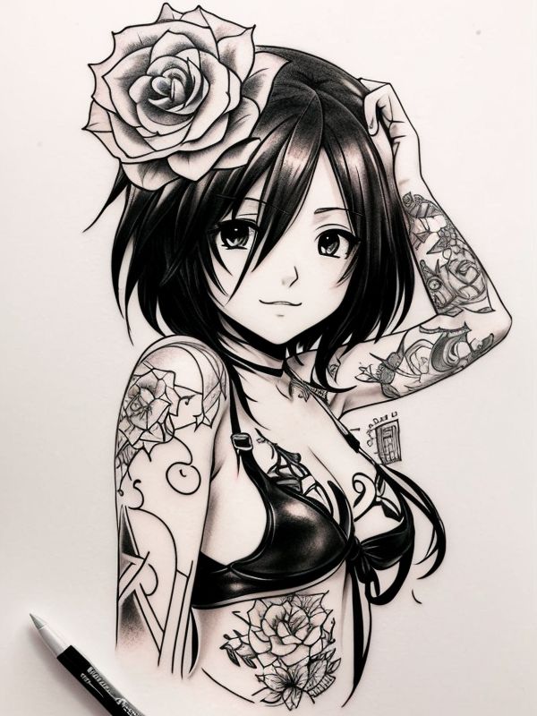 Эскиз тату аниме - Sketch tattoo anime redraw tattoo sketches on a white sheet into a soft pastel Anime tattoo sketch, with light colors, smooth transitions, gentle sh tatufoto.com 534