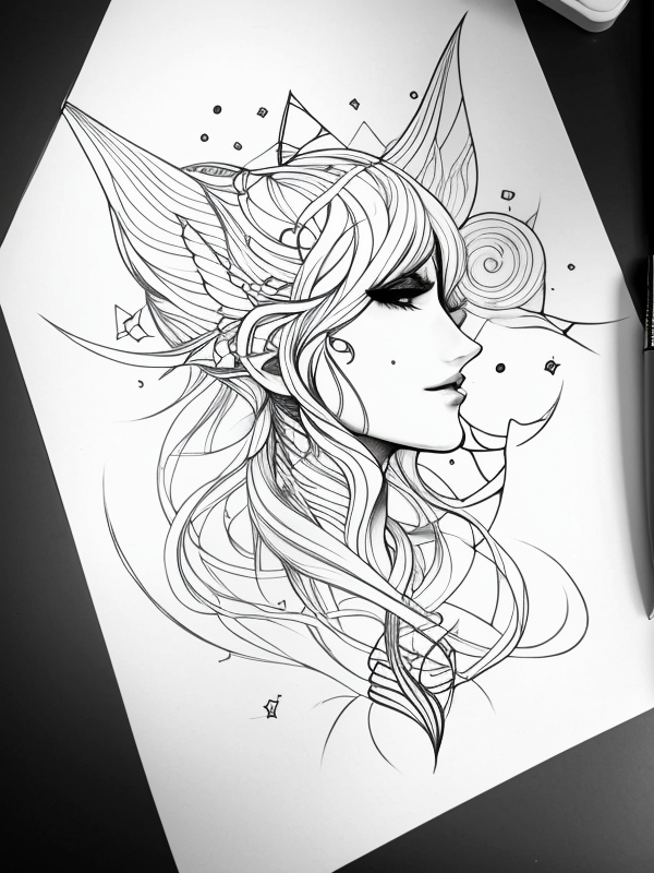 Эскиз тату аниме - Sketch tattoo anime redraw tattoo sketches on a white sheet into a surreal Anime tattoo sketch, with fluid lines, abstract shapes, dreamlike atmosph tatufoto.com 037