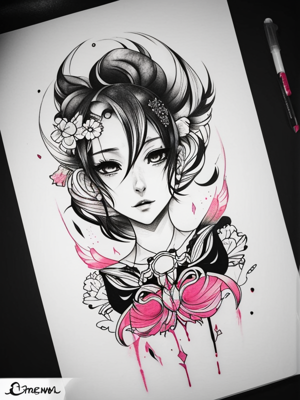 Эскиз тату аниме - Sketch tattoo anime redraw tattoo sketches on a white sheet into a surreal Anime tattoo sketch, with fluid lines, abstract shapes, dreamlike atmosph tatufoto.com 121