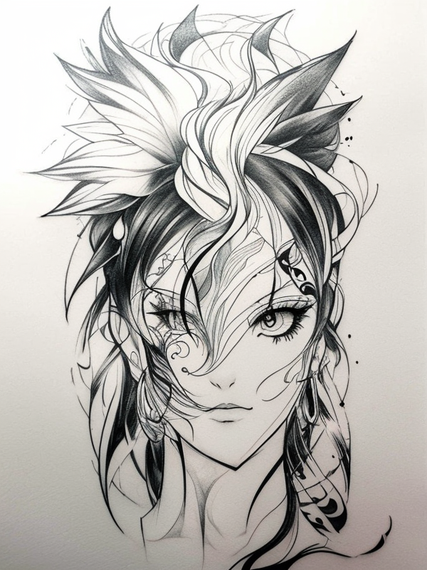 Эскиз тату аниме - Sketch tattoo anime redraw tattoo sketches on a white sheet into a surreal Anime tattoo sketch, with fluid lines, abstract shapes, dreamlike atmosph tatufoto.com 159