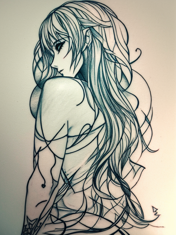 Эскиз тату аниме - Sketch tattoo anime redraw tattoo sketches on a white sheet into a surreal Anime tattoo sketch, with fluid lines, abstract shapes, dreamlike atmosph tatufoto.com 186