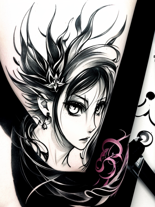 Эскиз тату аниме - Sketch tattoo anime redraw tattoo sketches on a white sheet into a surreal Anime tattoo sketch, with fluid lines, abstract shapes, dreamlike atmosph tatufoto.com 292