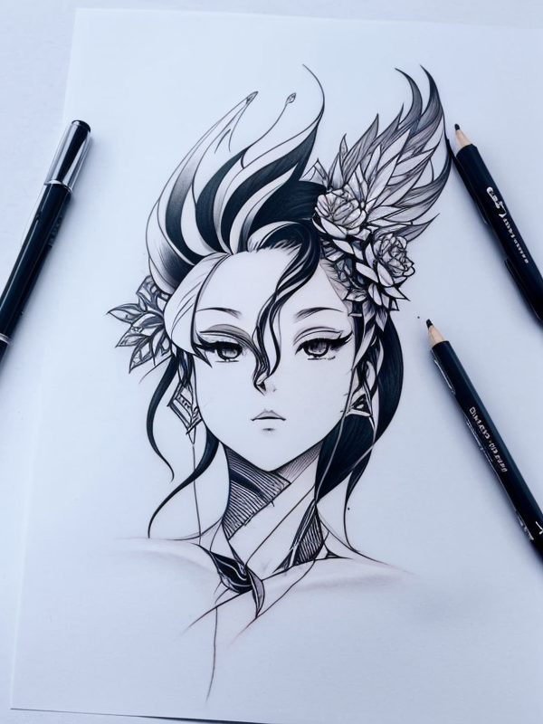 Эскиз тату аниме - Sketch tattoo anime redraw tattoo sketches on a white sheet into a surreal Anime tattoo sketch, with fluid lines, abstract shapes, dreamlike atmosph tatufoto.com 363