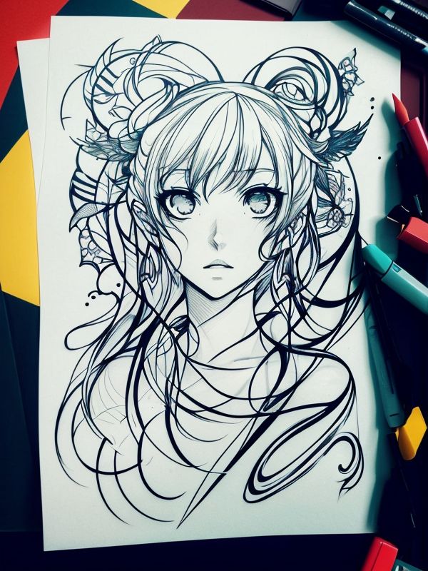 Эскиз тату аниме - Sketch tattoo anime redraw tattoo sketches on a white sheet into a surreal Anime tattoo sketch, with fluid lines, abstract shapes, dreamlike atmosph tatufoto.com 450