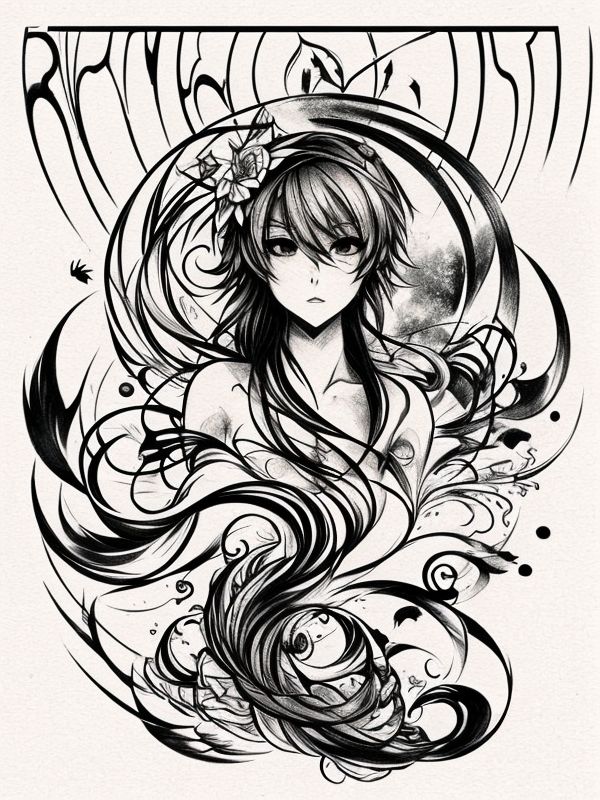Эскиз тату аниме - Sketch tattoo anime redraw tattoo sketches on a white sheet into a surreal Anime tattoo sketch, with fluid lines, abstract shapes, dreamlike atmosph tatufoto.com 489