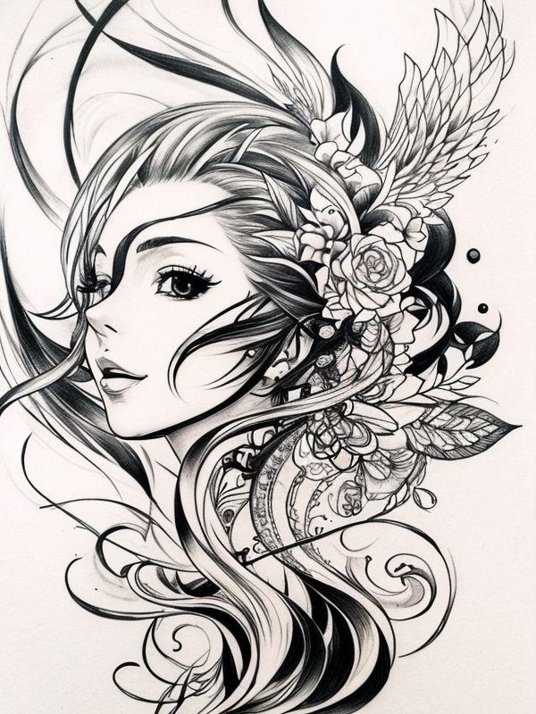 Эскиз тату аниме - Sketch tattoo anime redraw tattoo sketches on a white sheet into a surreal Anime tattoo sketch, with fluid lines, abstract shapes, dreamlike atmosph tatufoto.com 497