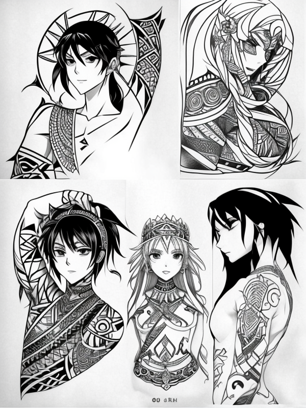 Эскиз тату аниме - Sketch tattoo anime redraw tattoo sketches on a white sheet into a tribal Anime tattoo sketch, with bold black lines, intricate tribal patterns, hig tatufoto.com 428