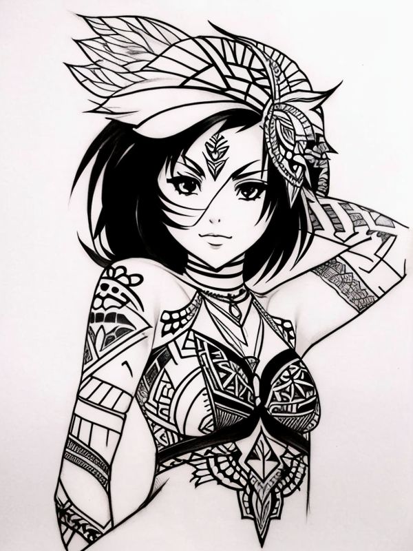 Эскиз тату аниме - Sketch tattoo anime redraw tattoo sketches on a white sheet into a tribal Anime tattoo sketch, with bold black lines, intricate tribal patterns, hig tatufoto.com 542
