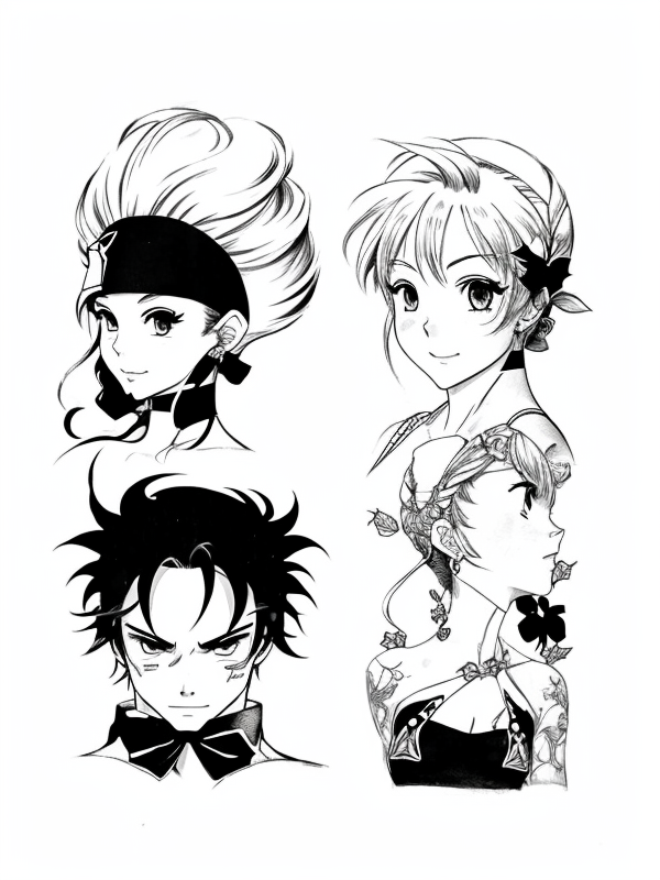 Эскиз тату аниме - Sketch tattoo anime redraw tattoo sketches on a white sheet into a vintage Anime tattoo sketch, with cross-hatching, detailed line work, slightly fa tatufoto.com 070