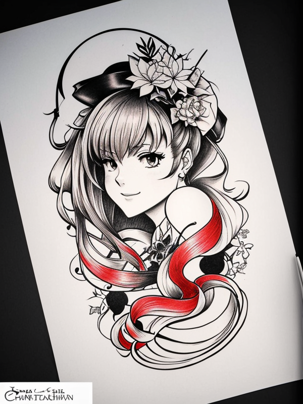 Эскиз тату аниме - Sketch tattoo anime redraw tattoo sketches on a white sheet into a vintage Anime tattoo sketch, with cross-hatching, detailed line work, slightly fa tatufoto.com 114