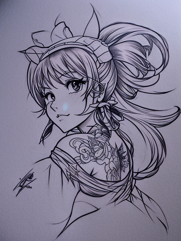 Эскиз тату аниме - Sketch tattoo anime redraw tattoo sketches on a white sheet into a vintage Anime tattoo sketch, with cross-hatching, detailed line work, slightly fa tatufoto.com 191