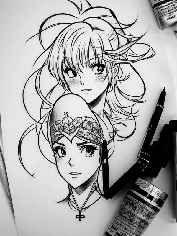 Эскиз тату аниме - Sketch tattoo anime redraw tattoo sketches on a white sheet into a vintage Anime tattoo sketch, with cross-hatching, detailed line work, slightly fa tatufoto.com 225