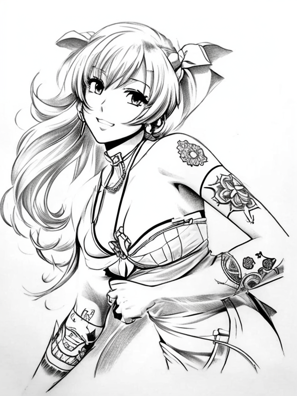 Эскиз тату аниме - Sketch tattoo anime redraw tattoo sketches on a white sheet into a vintage Anime tattoo sketch, with cross-hatching, detailed line work, slightly fa tatufoto.com 317