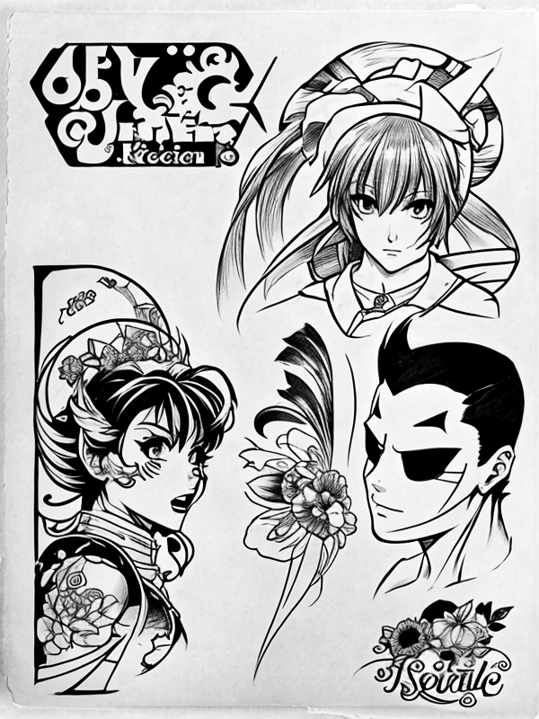 Эскиз тату аниме - Sketch tattoo anime redraw tattoo sketches on a white sheet into a vintage Anime tattoo sketch, with cross-hatching, detailed line work, slightly fa tatufoto.com 417
