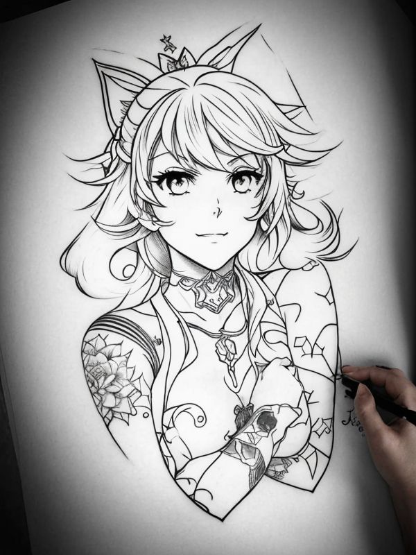Эскиз тату аниме - Sketch tattoo anime redraw tattoo sketches on a white sheet into a vintage Anime tattoo sketch, with cross-hatching, detailed line work, slightly fa tatufoto.com 513