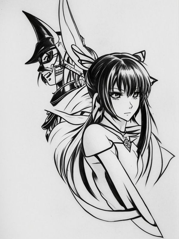 Эскиз тату аниме - Sketch tattoo anime redraw tattoo sketches on a white sheet into a vintage Anime tattoo sketch, with cross-hatching, detailed line work, slightly fa tatufoto.com 554