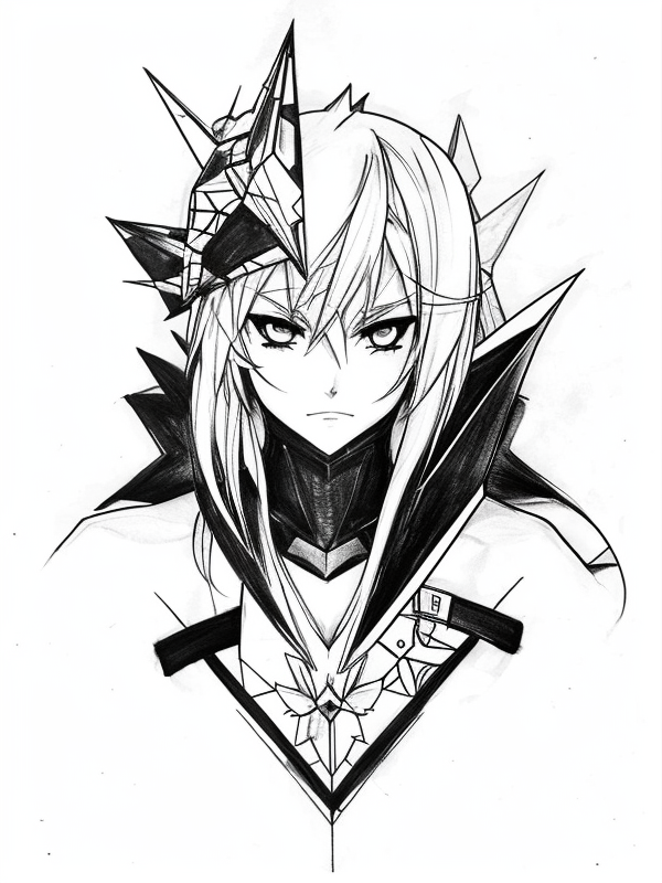 Эскиз тату аниме - Sketch tattoo anime redraw tattoo sketches on a white sheet into an abstract Anime tattoo sketch, with sharp angles, geometric patterns, and minimal tatufoto.com 100