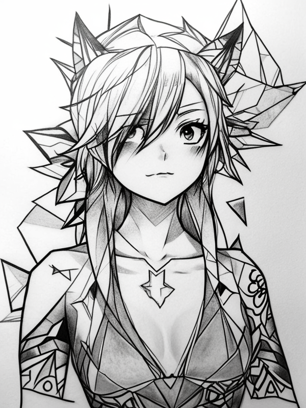 Эскиз тату аниме - Sketch tattoo anime redraw tattoo sketches on a white sheet into an abstract Anime tattoo sketch, with sharp angles, geometric patterns, and minimal tatufoto.com 156