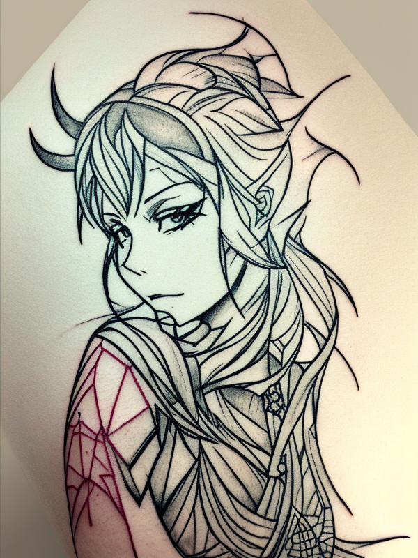 Эскиз тату аниме - Sketch tattoo anime redraw tattoo sketches on a white sheet into an abstract Anime tattoo sketch, with sharp angles, geometric patterns, and minimal tatufoto.com 183