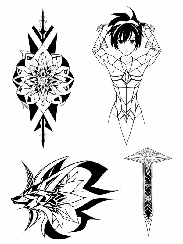 Эскиз тату аниме - Sketch tattoo anime redraw tattoo sketches on a white sheet into an abstract Anime tattoo sketch, with sharp angles, geometric patterns, and minimal tatufoto.com 435