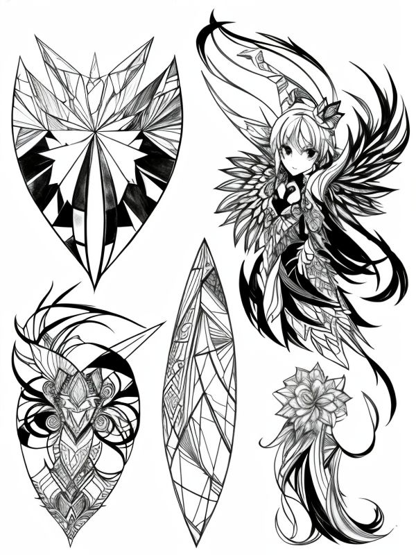 Эскиз тату аниме - Sketch tattoo anime redraw tattoo sketches on a white sheet into an abstract Anime tattoo sketch, with sharp angles, geometric patterns, and minimal tatufoto.com 462