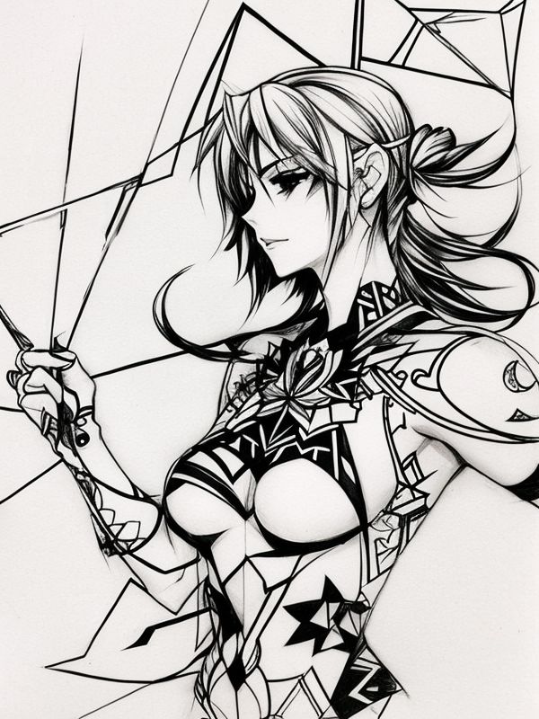 Эскиз тату аниме - Sketch tattoo anime redraw tattoo sketches on a white sheet into an abstract Anime tattoo sketch, with sharp angles, geometric patterns, and minimal tatufoto.com 494