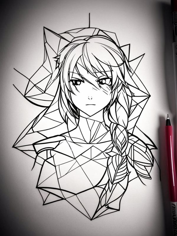 Эскиз тату аниме - Sketch tattoo anime redraw tattoo sketches on a white sheet into an abstract Anime tattoo sketch, with sharp angles, geometric patterns, and minimal tatufoto.com 517