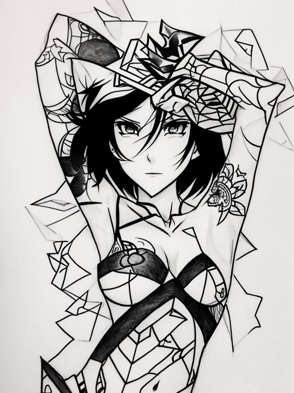 Эскиз тату аниме - Sketch tattoo anime redraw tattoo sketches on a white sheet into an abstract Anime tattoo sketch, with sharp angles, geometric patterns, and minimal tatufoto.com 535
