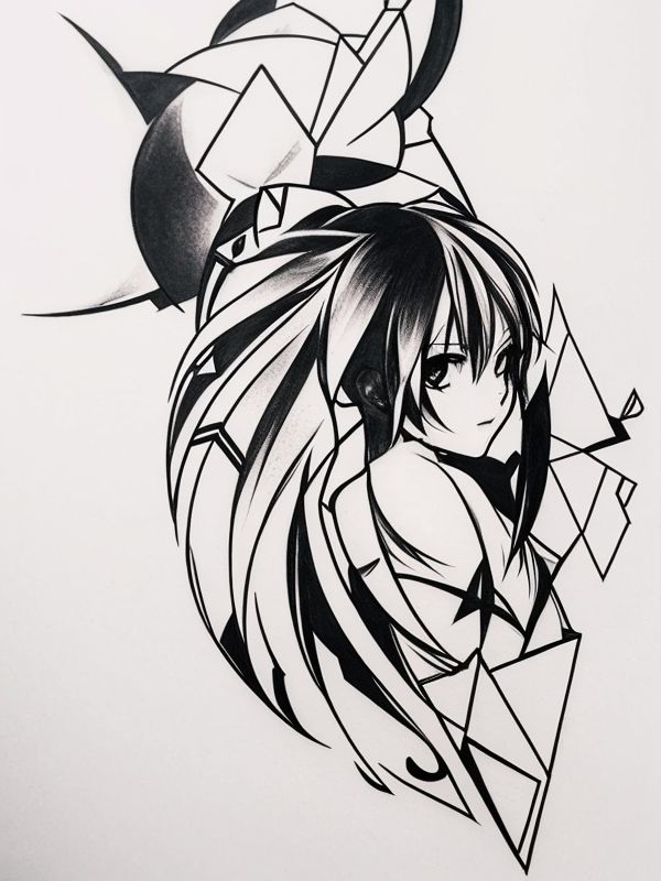 Эскиз тату аниме - Sketch tattoo anime redraw tattoo sketches on a white sheet into an abstract Anime tattoo sketch, with sharp angles, geometric patterns, and minimal tatufoto.com 555