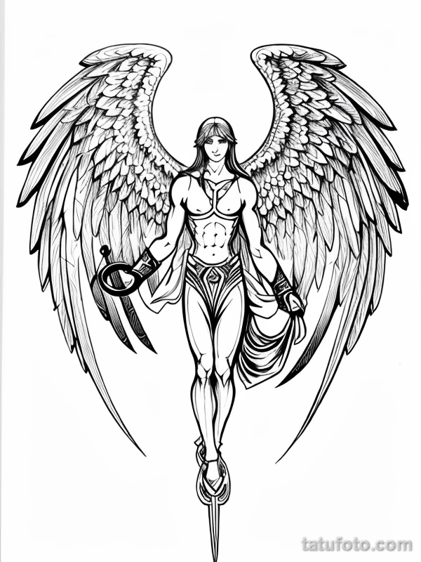 Эскизы тату Архангел Гавриил redraw tattoo sketches on a white sheet into a Japanese-style Archangel Gabriel tattoo sketch, with traditional brush stroke eff tatufoto.com 231