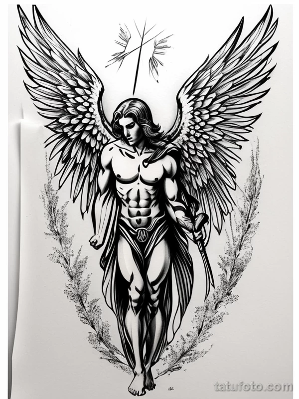 Эскизы тату Архангел Гавриил redraw tattoo sketches on a white sheet into a Japanese-style Archangel Gabriel tattoo sketch, with traditional brush stroke eff tatufoto.com 306