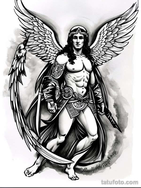 Эскизы тату Архангел Гавриил redraw tattoo sketches on a white sheet into a Japanese-style Archangel Gabriel tattoo sketch, with traditional brush stroke eff tatufoto.com 481