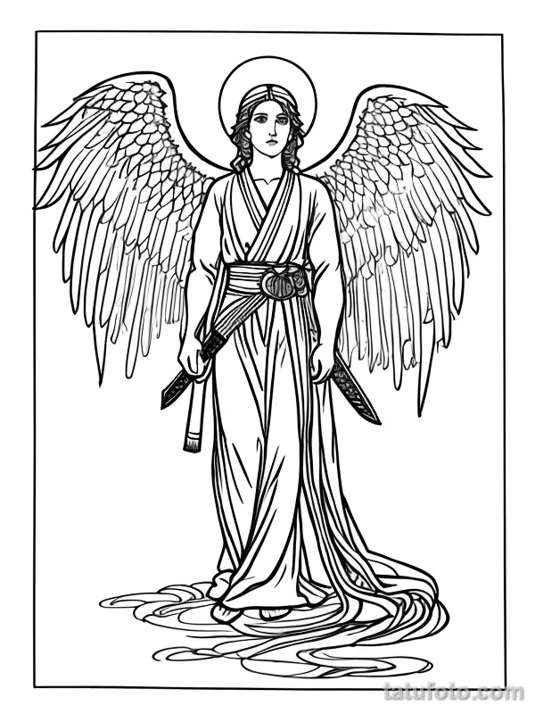 Эскизы тату Архангел Гавриил redraw tattoo sketches on a white sheet into a Japanese-style Archangel Gabriel tattoo sketch, with traditional brush stroke eff tatufoto.com 581