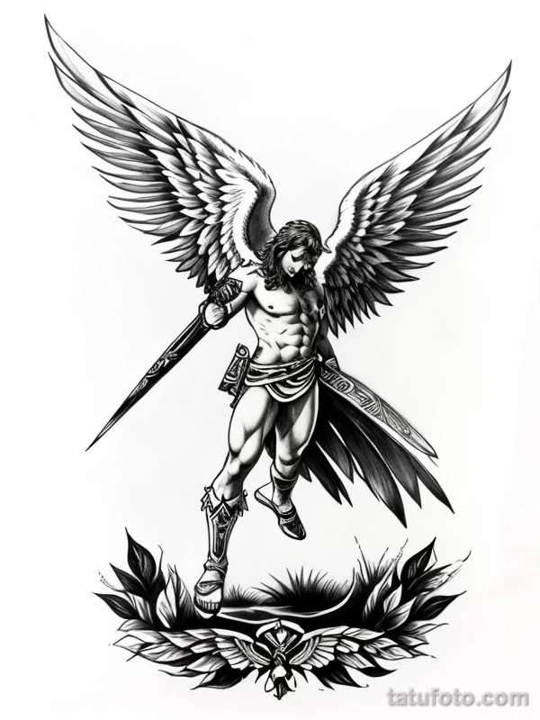 Эскизы тату Архангел Гавриил redraw tattoo sketches on a white sheet into a Japanese-style Archangel Gabriel tattoo sketch, with traditional brush stroke eff tatufoto.com 706