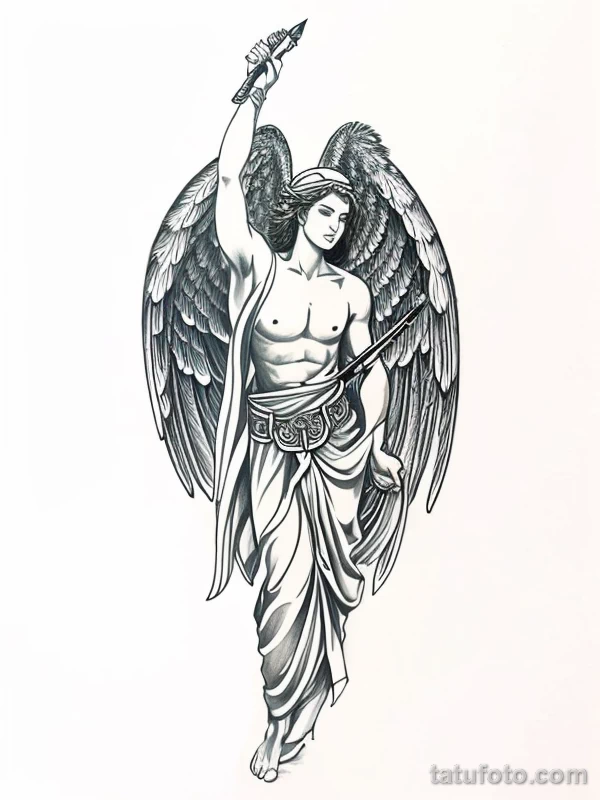 Эскизы тату Архангел Гавриил redraw tattoo sketches on a white sheet into a Japanese-style Archangel Gabriel tattoo sketch, with traditional brush stroke eff tatufoto.com 931