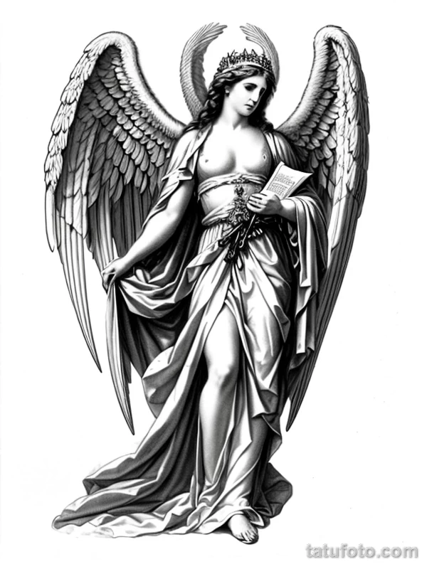Эскизы тату Архангел Гавриил redraw tattoo sketches on a white sheet into a baroque Archangel Gabriel tattoo sketch, with rich ornamentation, dramatic shadin tatufoto.com 061