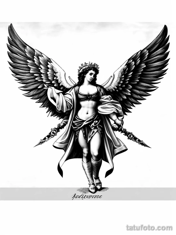 Эскизы тату Архангел Гавриил redraw tattoo sketches on a white sheet into a baroque Archangel Gabriel tattoo sketch, with rich ornamentation, dramatic shadin tatufoto.com 093