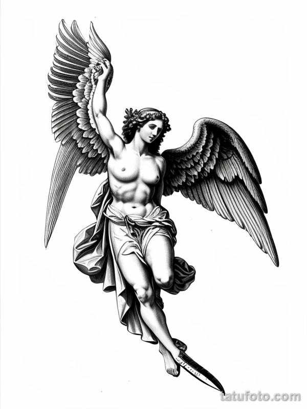 Эскизы тату Архангел Гавриил redraw tattoo sketches on a white sheet into a baroque Archangel Gabriel tattoo sketch, with rich ornamentation, dramatic shadin tatufoto.com 166