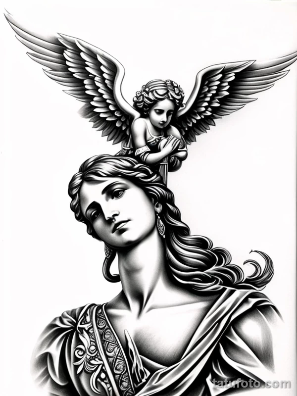 Эскизы тату Архангел Гавриил redraw tattoo sketches on a white sheet into a baroque Archangel Gabriel tattoo sketch, with rich ornamentation, dramatic shadin tatufoto.com 266