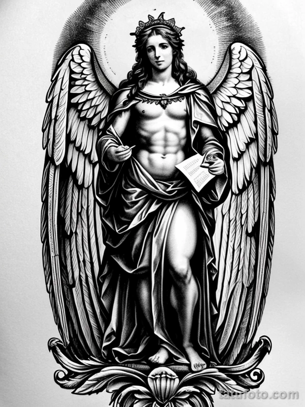 Эскизы тату Архангел Гавриил redraw tattoo sketches on a white sheet into a baroque Archangel Gabriel tattoo sketch, with rich ornamentation, dramatic shadin tatufoto.com 466