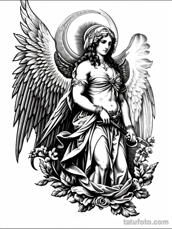 Эскизы тату Архангел Гавриил redraw tattoo sketches on a white sheet into a baroque Archangel Gabriel tattoo sketch, with rich ornamentation, dramatic shadin tatufoto.com 541