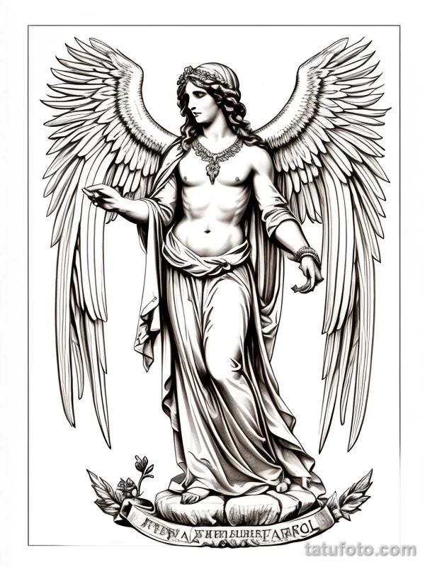 Эскизы тату Архангел Гавриил redraw tattoo sketches on a white sheet into a baroque Archangel Gabriel tattoo sketch, with rich ornamentation, dramatic shadin tatufoto.com 591