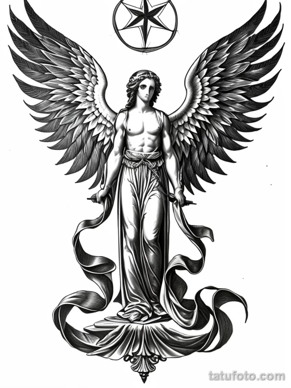 Эскизы тату Архангел Гавриил redraw tattoo sketches on a white sheet into a baroque Archangel Gabriel tattoo sketch, with rich ornamentation, dramatic shadin tatufoto.com 691