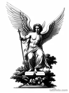 Черно-белое фото тату эскиза ангела, сидящего на троне среди облаков. Детализированный рисунок для создания уникальной татуировки.