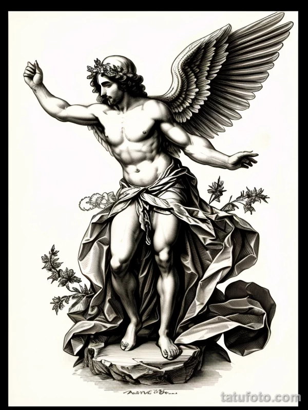 Эскизы тату Архангел Гавриил redraw tattoo sketches on a white sheet into a baroque Archangel Gabriel tattoo sketch, with rich ornamentation, dramatic shadin tatufoto.com 741