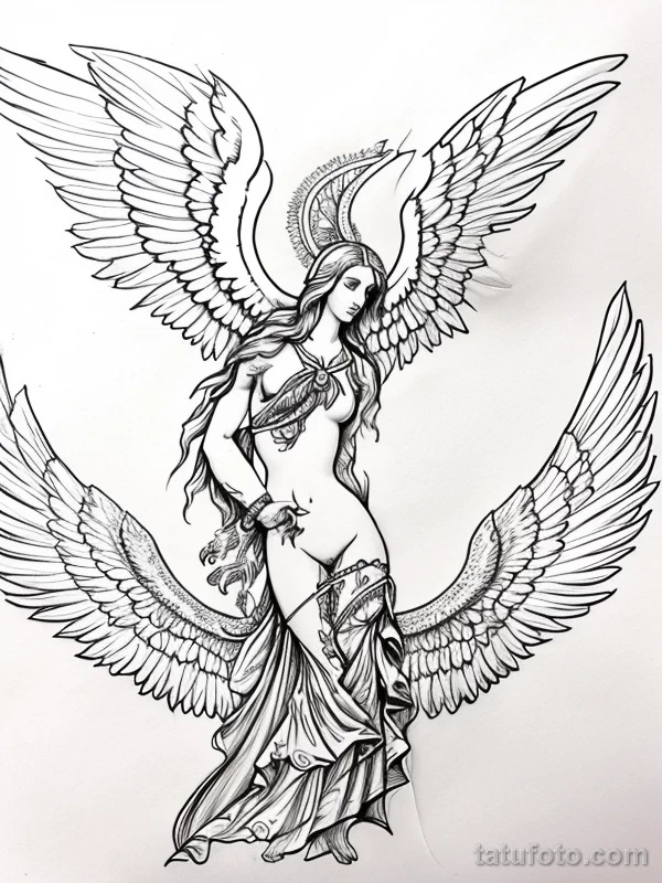 Эскизы тату Архангел Гавриил redraw tattoo sketches on a white sheet into a baroque Archangel Gabriel tattoo sketch, with rich ornamentation, dramatic shadin tatufoto.com 866