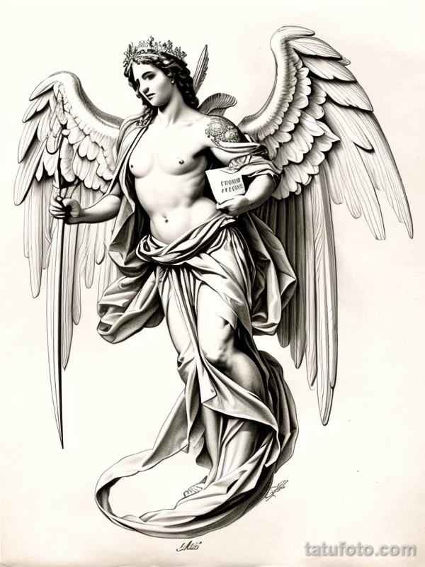 Эскизы тату Архангел Гавриил redraw tattoo sketches on a white sheet into a baroque Archangel Gabriel tattoo sketch, with rich ornamentation, dramatic shadin tatufoto.com 916