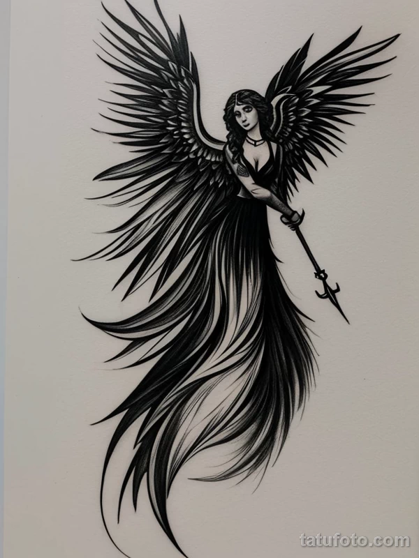 Эскизы тату Архангел Гавриил redraw tattoo sketches on a white sheet into a boho-style Archangel Gabriel tattoo sketch, with soft lines, floral accents, eart tatufoto.com 176