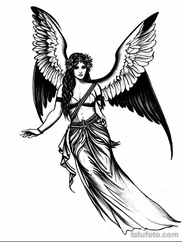 Эскизы тату Архангел Гавриил redraw tattoo sketches on a white sheet into a boho-style Archangel Gabriel tattoo sketch, with soft lines, floral accents, eart tatufoto.com 201
